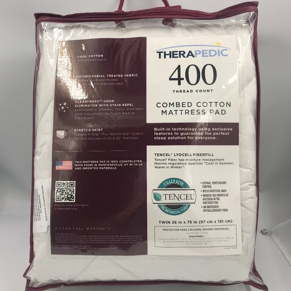 Therapedic 400-Thread CountTwin Mattress Pad - Picture 1 of 3